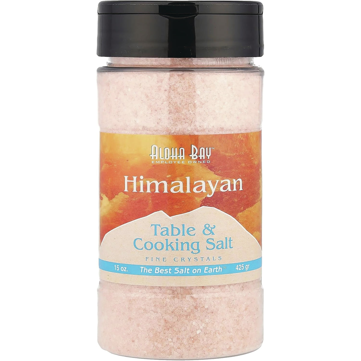 HMS014 | A spice shaker of Aloha Bay Himalayan Table & Cooking Salt showing orange label and pink fine crystals
