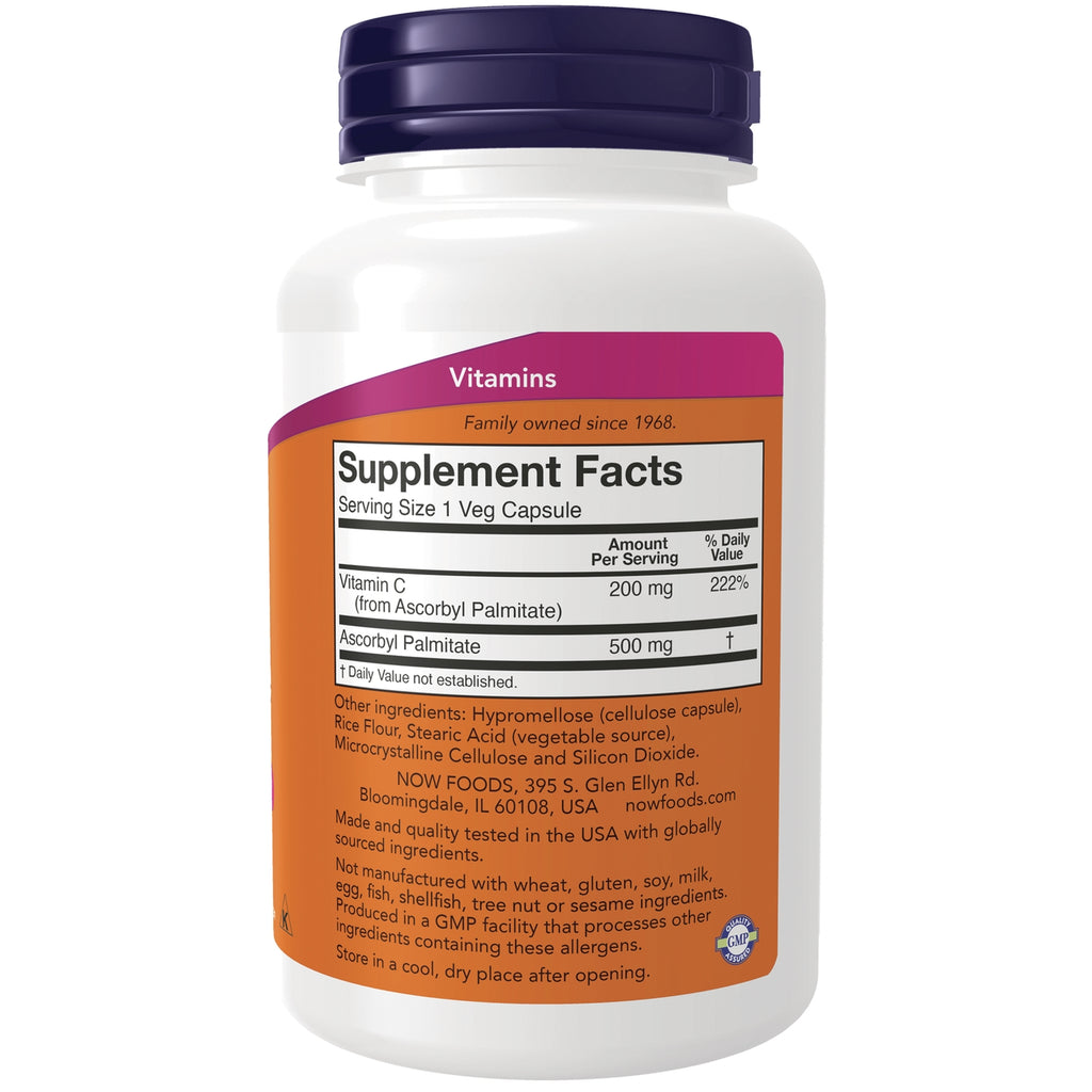 NWF1381 | Back of white supplement bottle showing Supplement Facts label listing Vitamin C 200 mg and Ascorbyl Palmitate 500 mg - Thumbnail