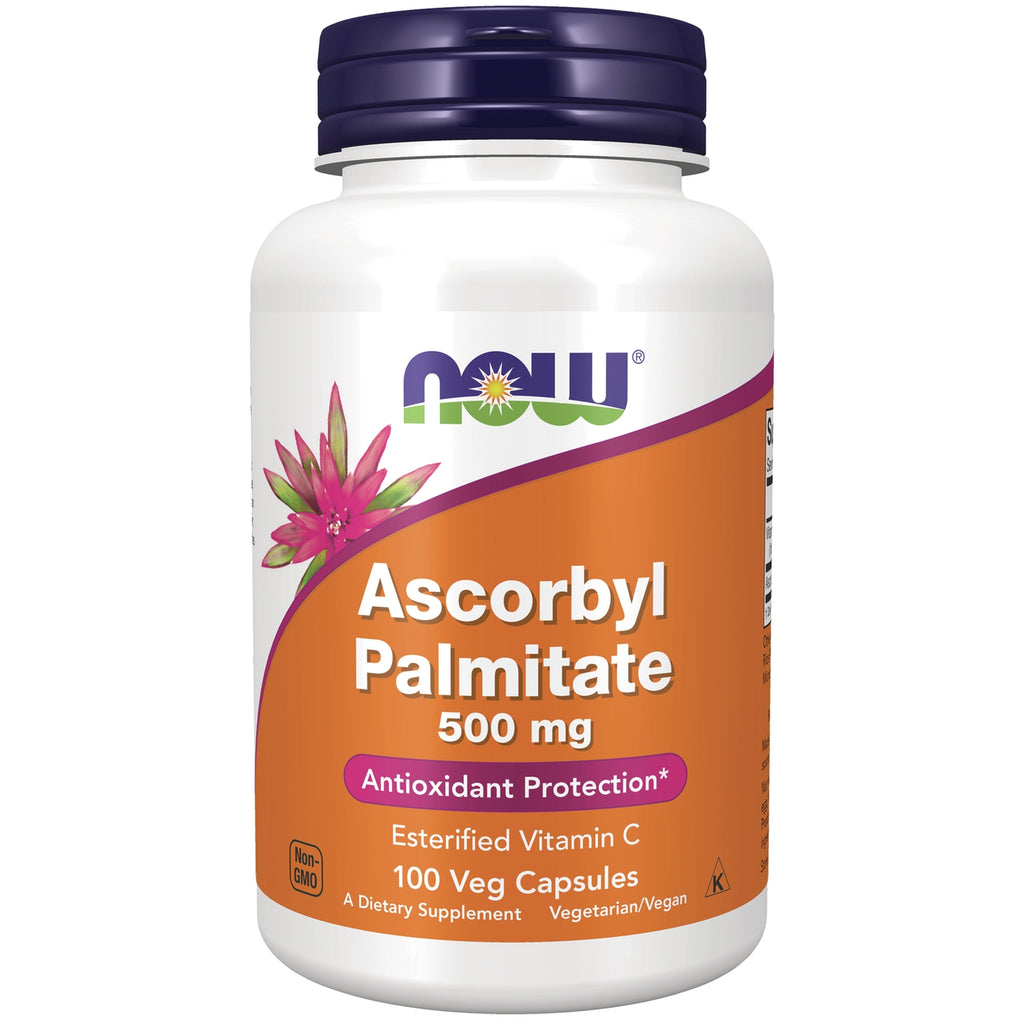 NWF1381 | NOW Ascorbyl Palmitate 500 mg supplement bottle with orange label, 100 veg capsules - Thumbnail