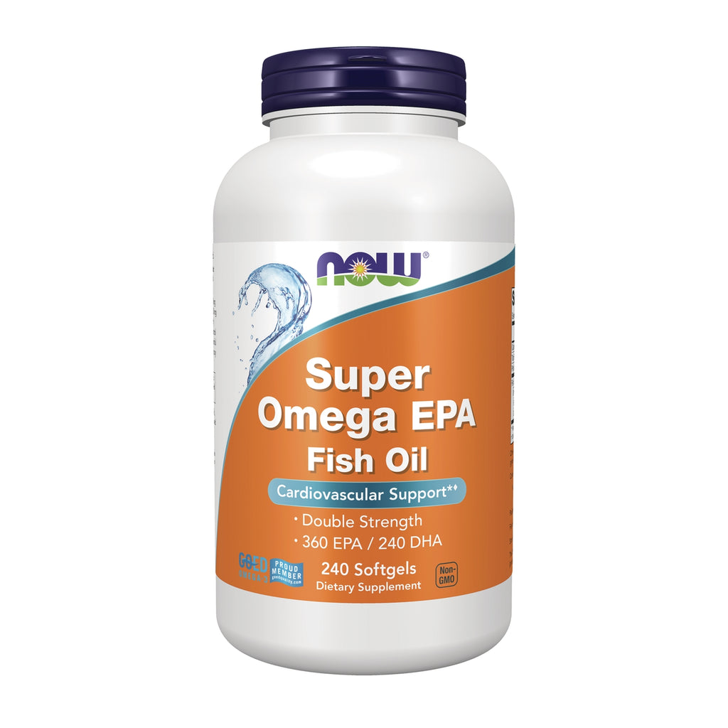 NWF912 | NOW Super Omega EPA white bottle with orange label reading Super Omega EPA, Molecularly Distilled, 240 Softgels - Thumbnail