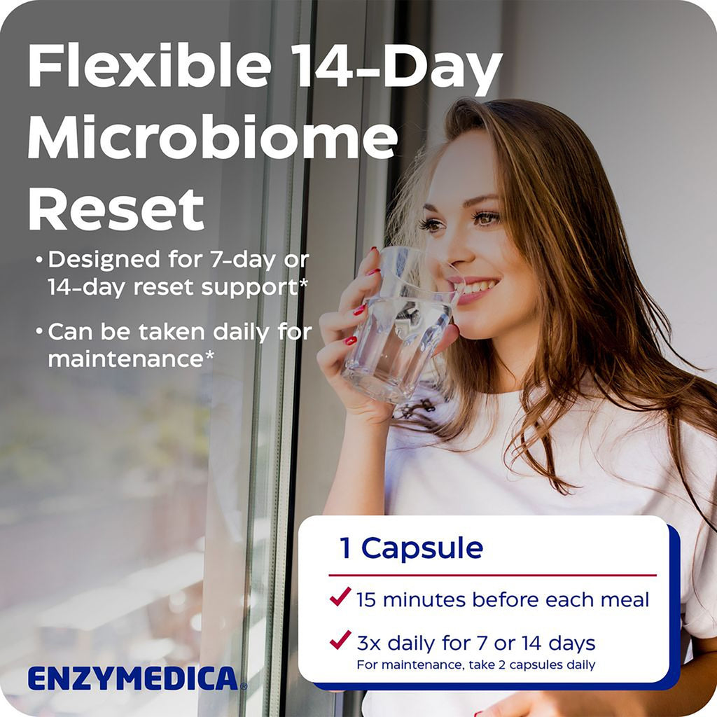 EMD005 | Flexible 14-day microbiome reset infographic with dosage instructions and a woman drinking water - Thumbnail