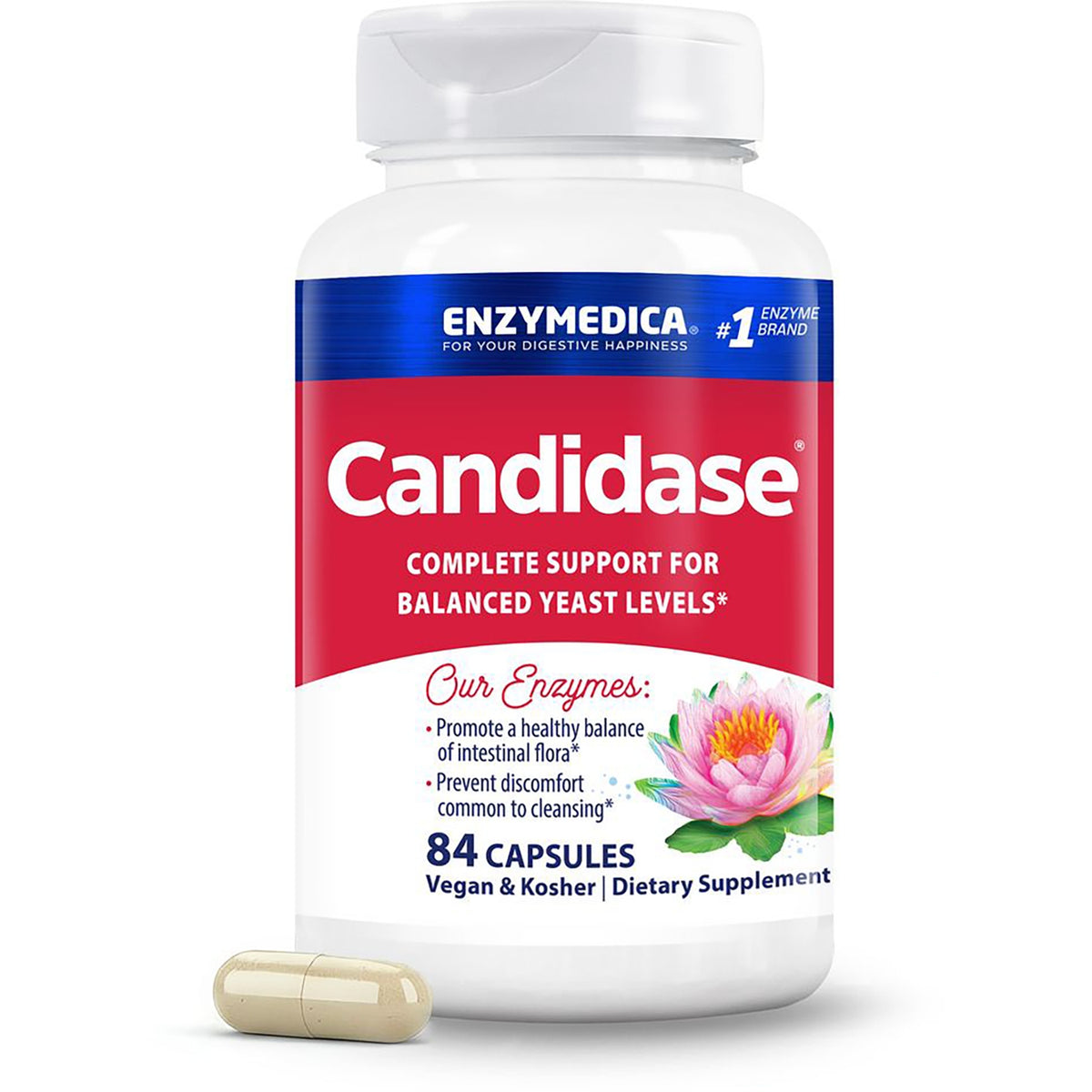 EMD005 | Front view of Candidase dietary supplement bottle with red label, 84 capsules, vegan & kosher