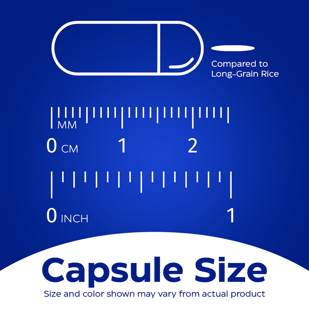 EMD009 | Capsule size compared to long-grain rice with mm and inch scale - Thumbnail