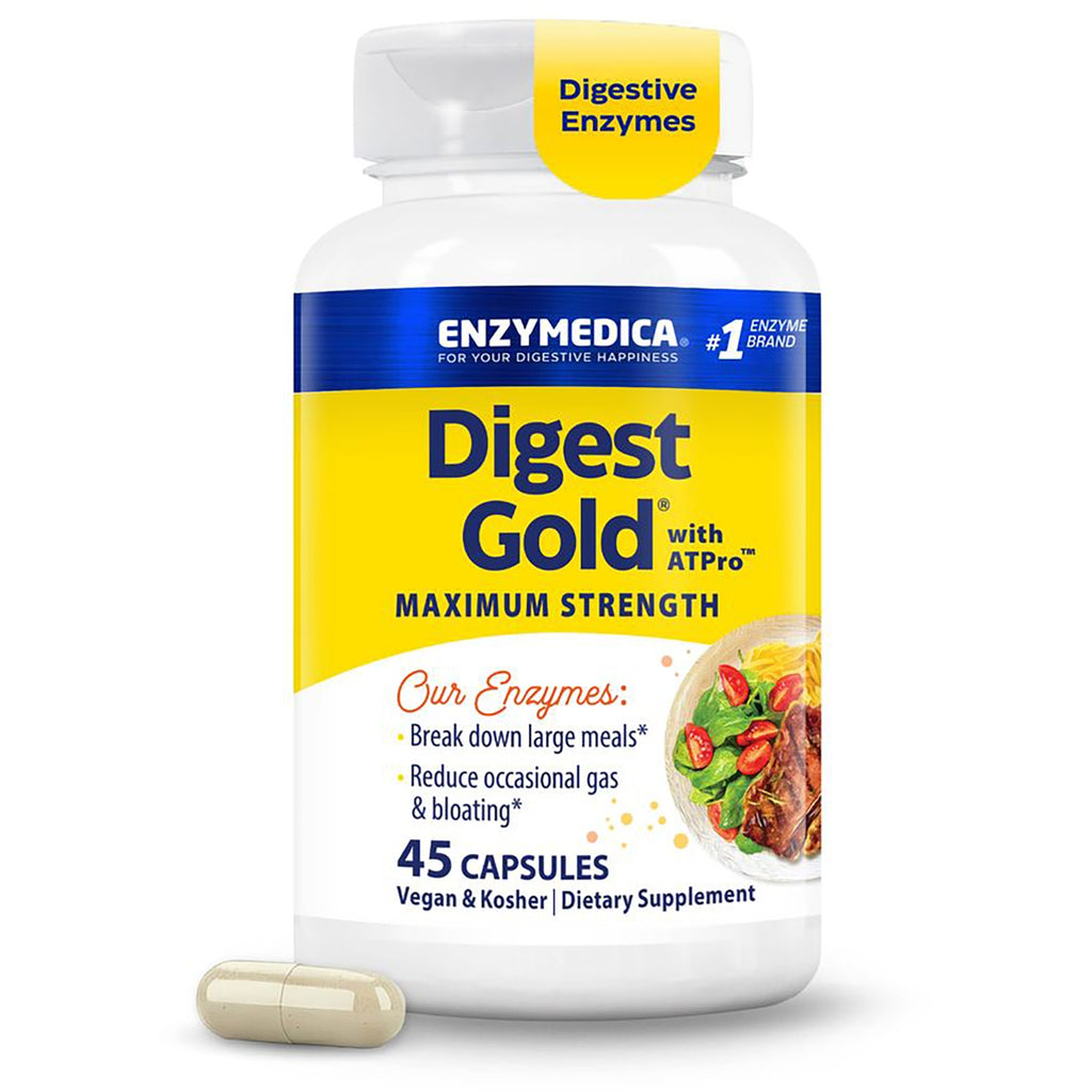 EMD008 | Enzymedica Digest Gold maximum strength dietary supplement bottle, 45 capsules, yellow and white label - Thumbnail
