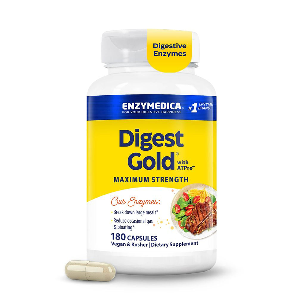 EMD011 | Enzymedica Digest Gold maximum strength supplement bottle with yellow label, 180 capsules, vegan and kosher - Thumbnail