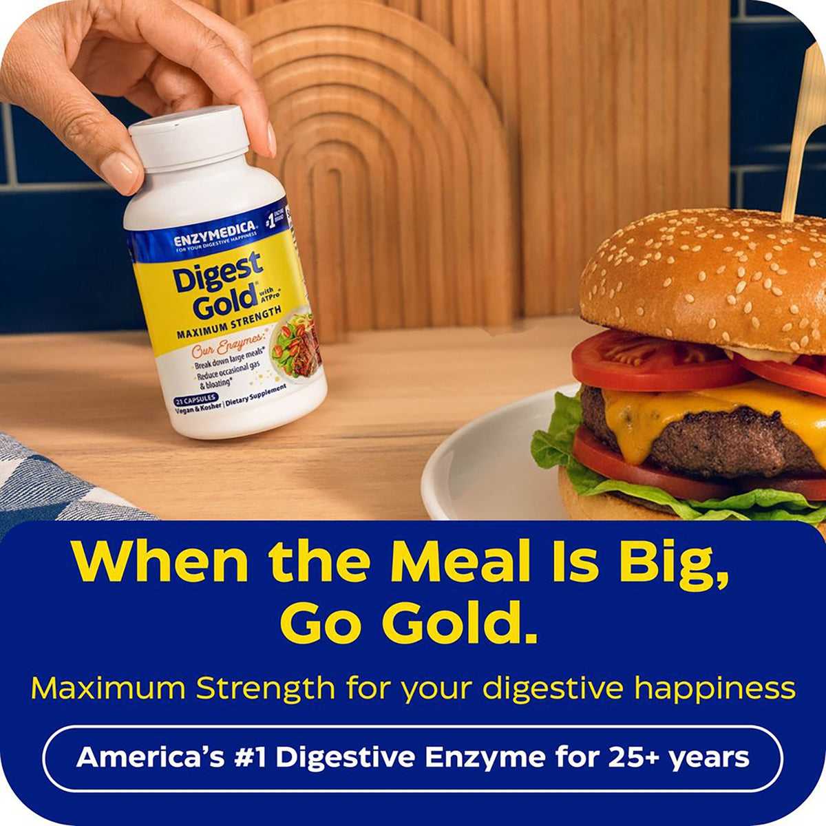 EMD047 | Supplement bottle on a table with a burger