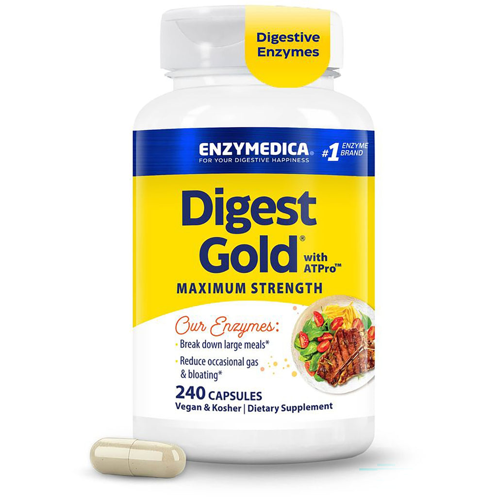 EMD047 | Bottle front of Digest Gold maximum strength digestive enzyme supplement, 240 capsules - Thumbnail