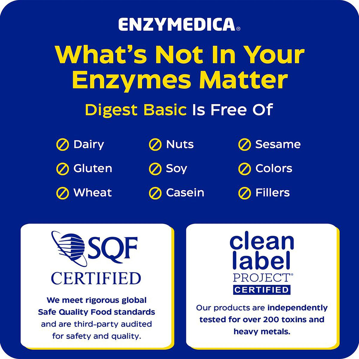 EMD039 | Enzymedica Digest Basic clean label infographic showing free of common allergens and SQF certified