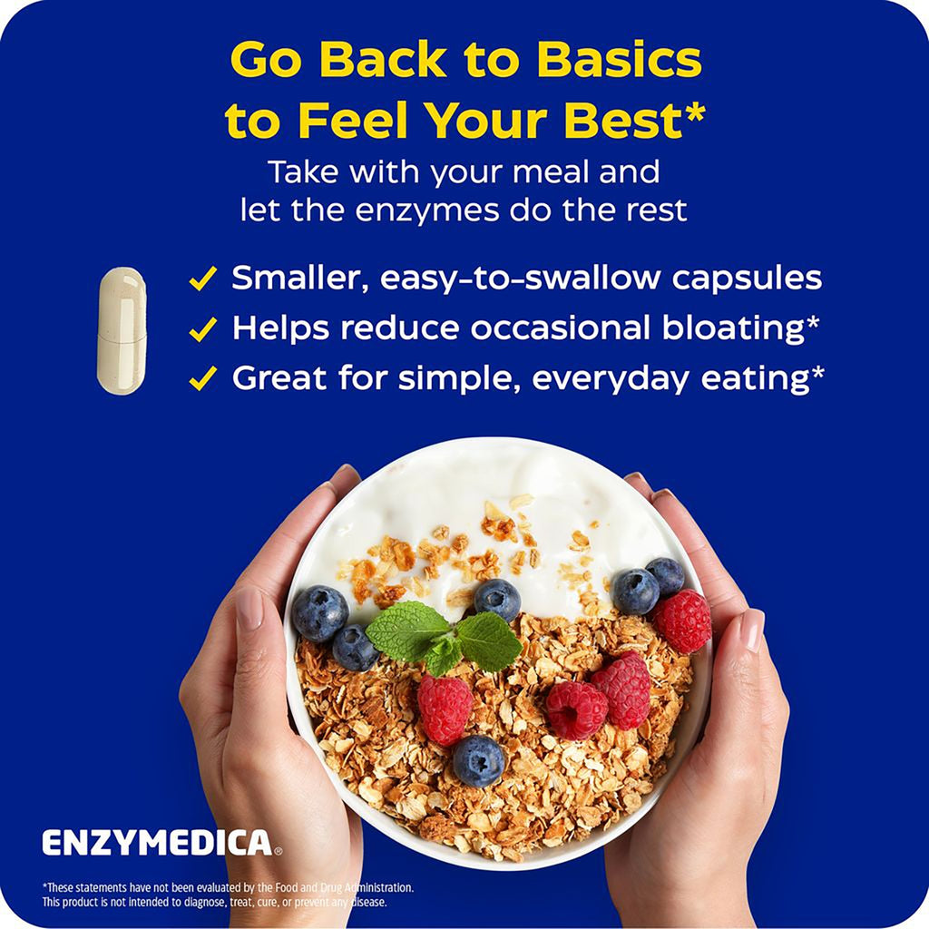 EMD039 | Enzymedica infographic showing smaller capsules, meal-time use, and benefits for occasional bloating - Thumbnail