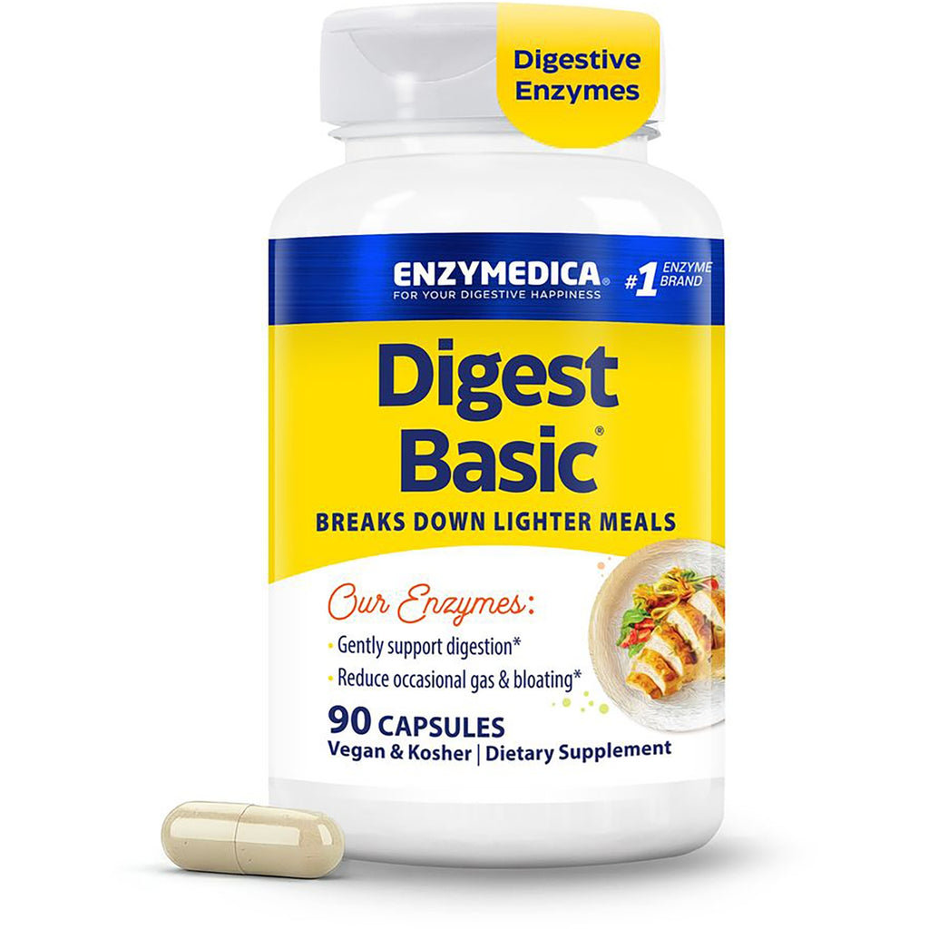 EMD039 | Digest Basic dietary supplement bottle with yellow label stating Digest Basic, 90 capsules - Thumbnail