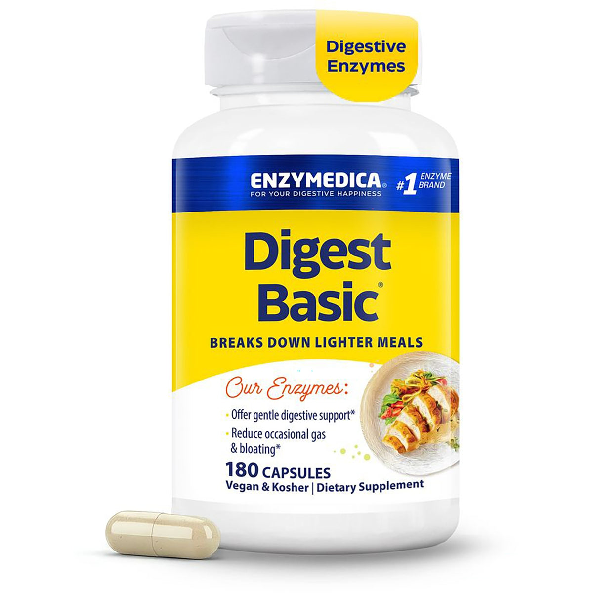 EMD076 | Enzymedica Digest Basic bottle front label reading Digest Basic, breaks down lighter meals, 180 capsules, vegan and kosher