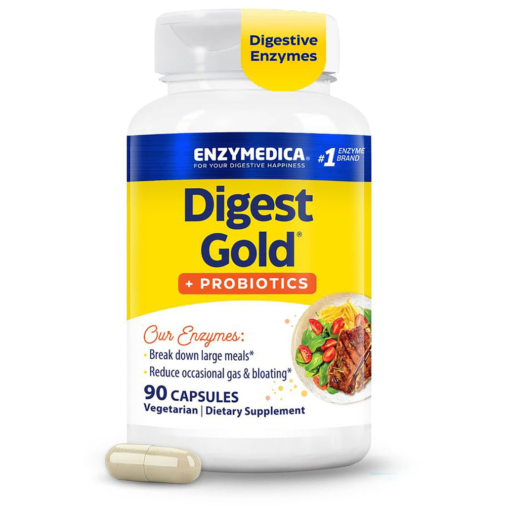 EMD029 | Enzymedica Digest Gold + Probiotics bottle front showing yellow label, 90 capsules vegetarian dietary supplement - Thumbnail