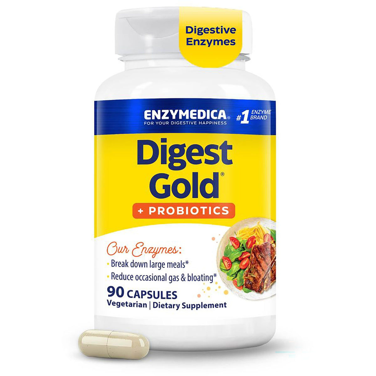 EMD029 | Enzymedica Digest Gold + Probiotics bottle front showing yellow label, 90 capsules vegetarian dietary supplement