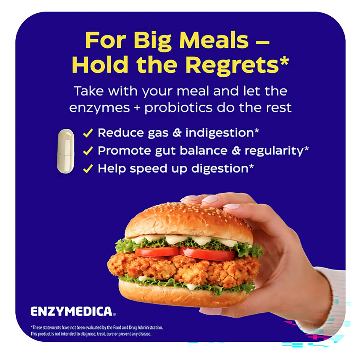 EMD050 | Enzymedica digestive supplement infographic with burger and claims about gas, indigestion, and gut balance