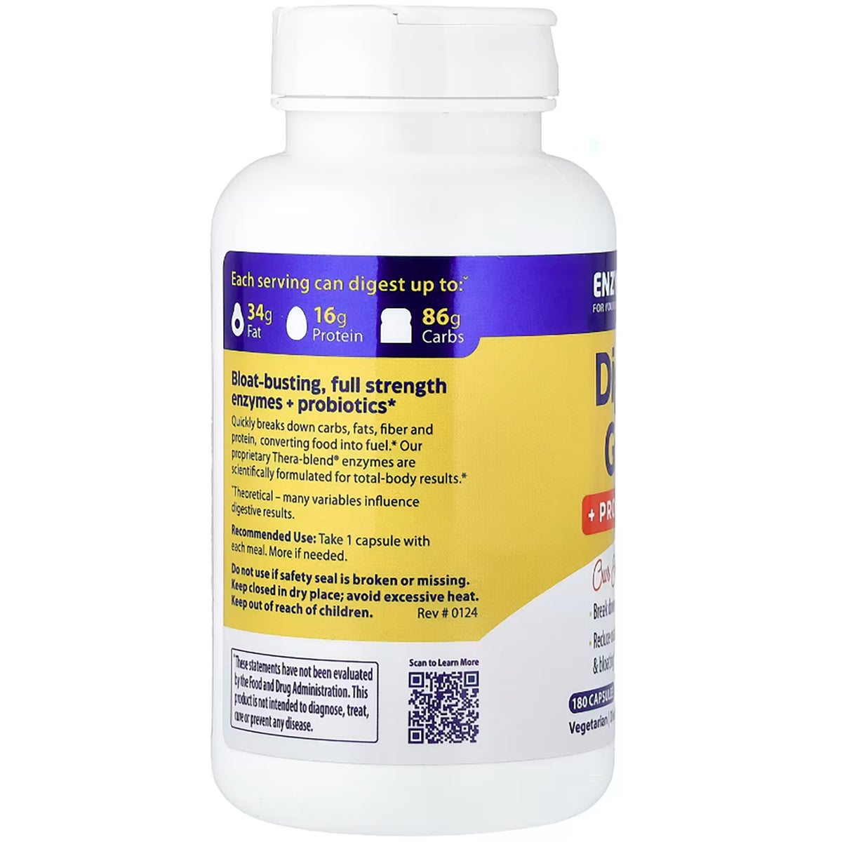 EMD050 | Back label of white supplement bottle showing digestive enzyme information, recommended use, and Non GMO NSF logo