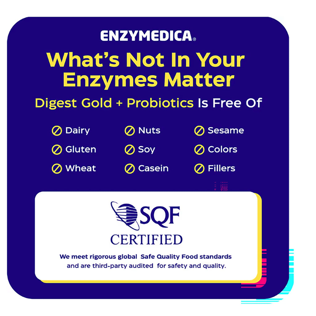 EMD050 | Enzymedica Digest Gold + Probiotics is free of dairy, gluten, nuts, soy, sesame, colors, fillers and casein - Thumbnail