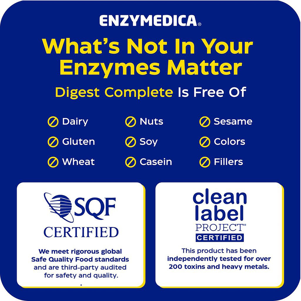EMD006 | Enzymedica Digest Complete infographic showing allergen-free claims and certifications - Thumbnail