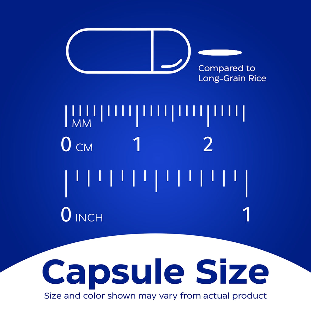 EMD006 | Capsule size comparison graphic with millimeter and inch rulers, compared to long-grain rice - Thumbnail