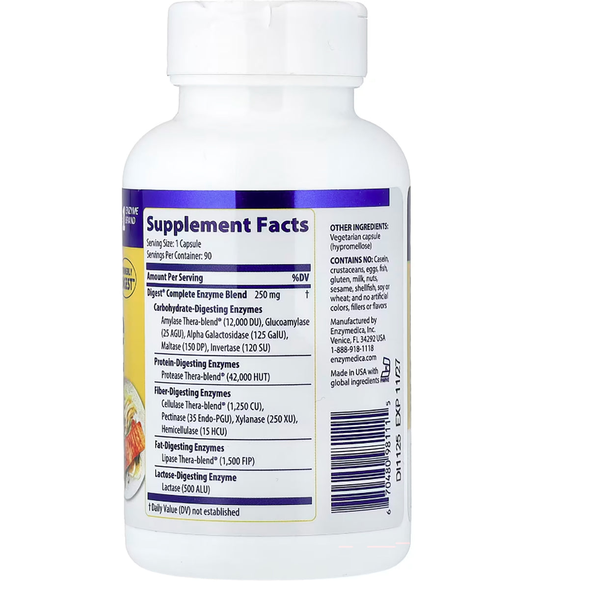 EMD006 | Supplement Facts panel on back of white bottle listing enzymes and serving size 1 capsule