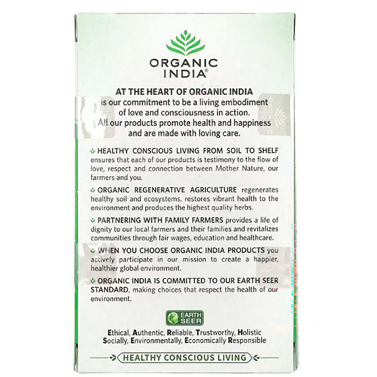 RGN002 | Organic India brand infographic with Earth Seer commitment and Healthy Conscious Living message