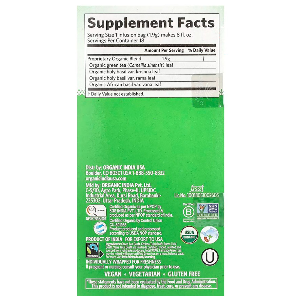 RGN002 | Supplement Facts panel for organic green tea infusion bags with certifications and ingredients