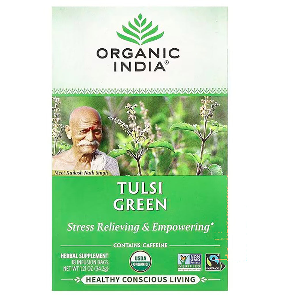 RGN002 | Organic India Tulsi Green tea box front showing logo, leaves, portrait, 18 infusion bags - Thumbnail