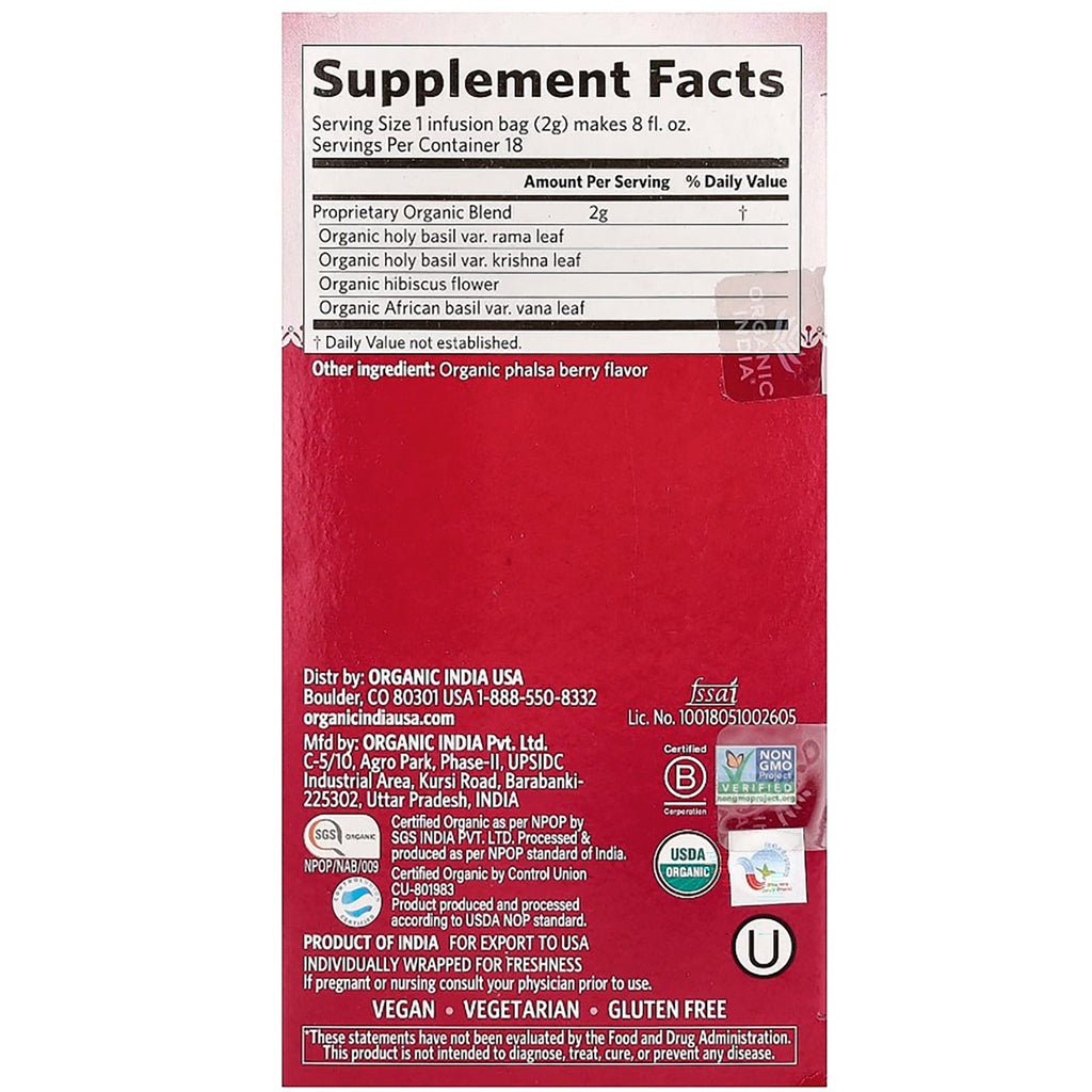 RGN072 | Supplement Facts panel for organic herbal tea bags, with ingredients and certifications - Thumbnail