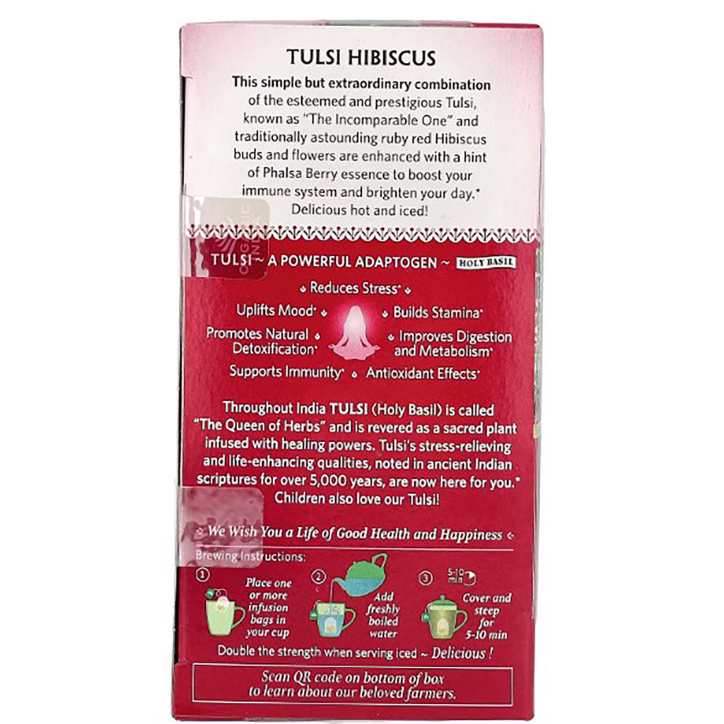 RGN072 | Back of Tulsi Hibiscus tea box with benefits, brewing instructions, and QR code - Thumbnail