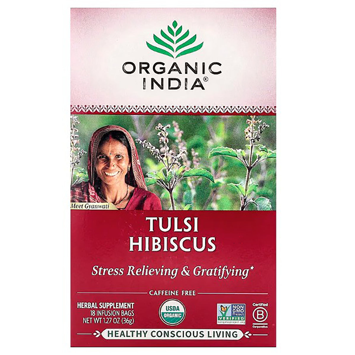 RGN072 | Organic India Tulsi Hibiscus tea box front showing a smiling woman, hibiscus flowers, USDA Organic and Non-GMO badges