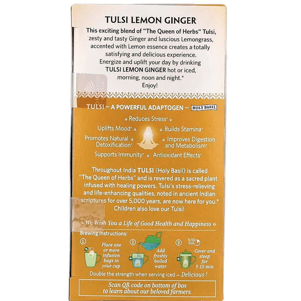 RGN006 | Tulsi Lemon Ginger tea box back with brewing instructions and adaptogen benefits - Thumbnail