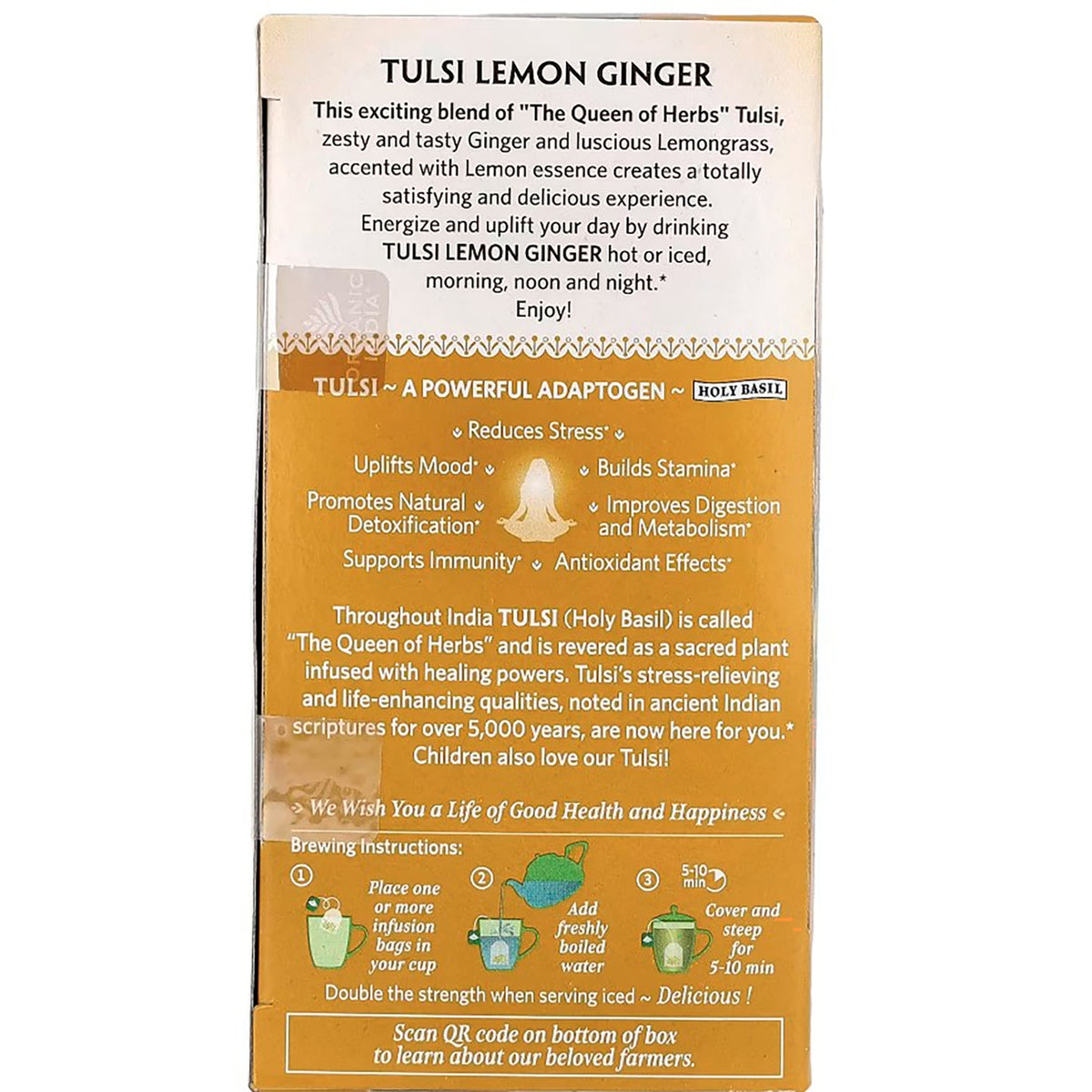 RGN006 | Tulsi Lemon Ginger tea box back with brewing instructions and adaptogen benefits