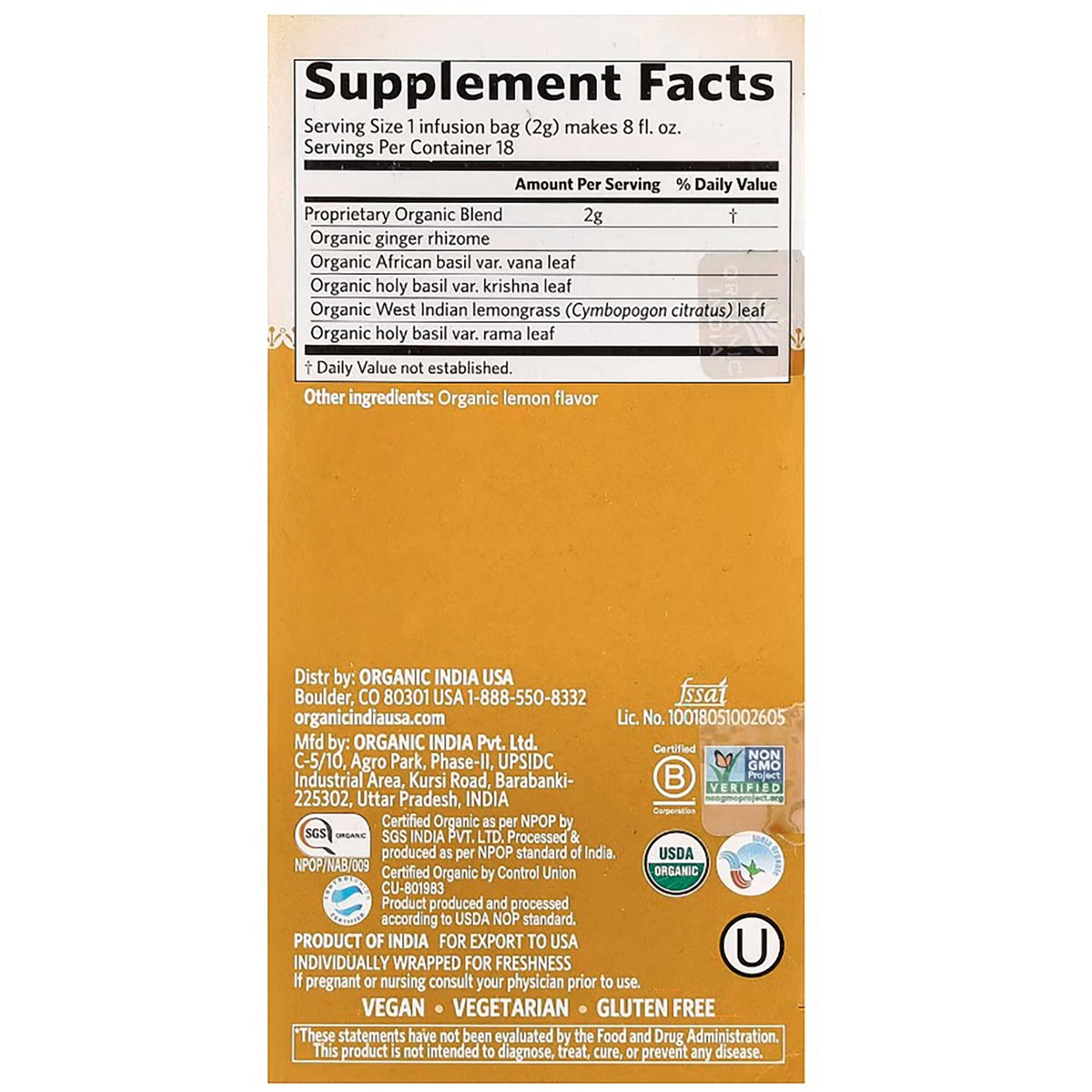 RGN006 | Back panel with supplement facts, organic ingredients, and certification icons