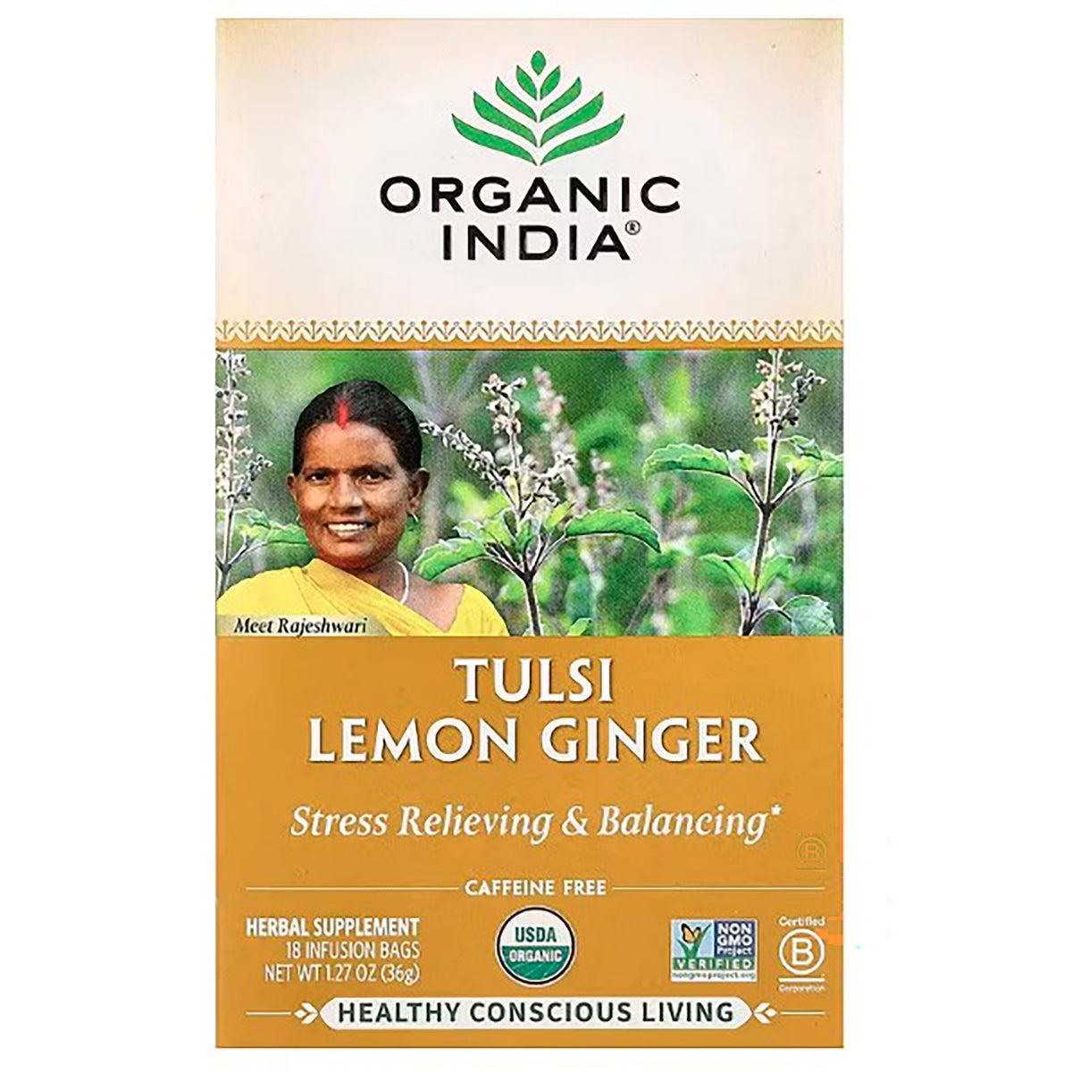 RGN006 | Organic India Tulsi Lemon Ginger tea box front with woman, ginger root and lemon slice