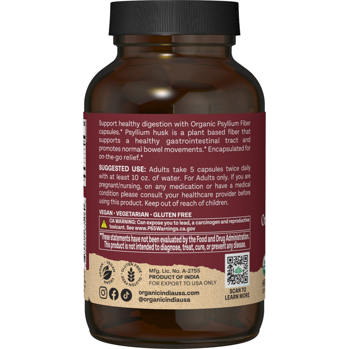 RGN097 | Back label of Organic Psyllium Fiber capsules with suggested use and warnings
