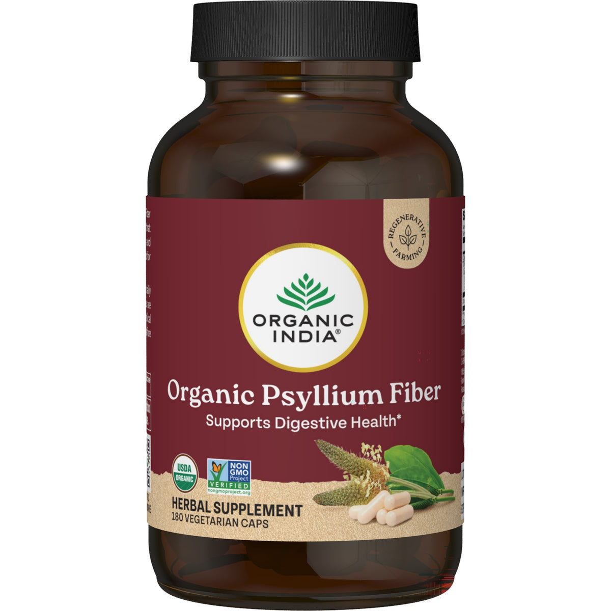RGN097 | Organic India bottle with front label reading ORGANIC PSYLLIUM FIBER, supports digestive health, 180 veg caps