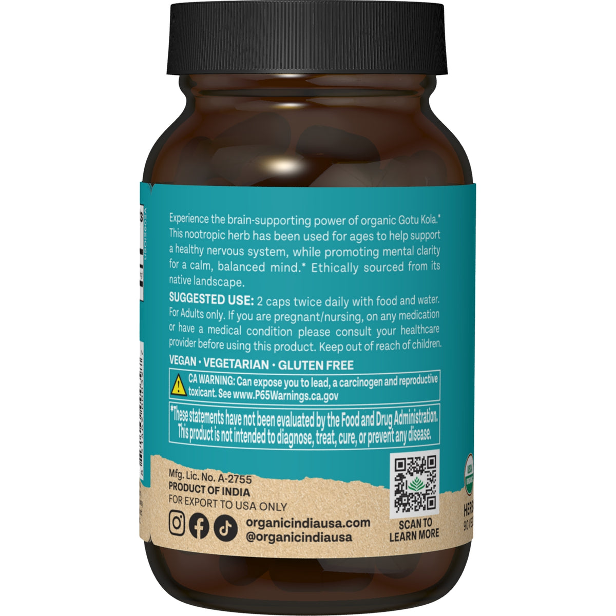 RGN032 | Back label of Organic India Gotu Kola supplement with directions, warnings, and QR code