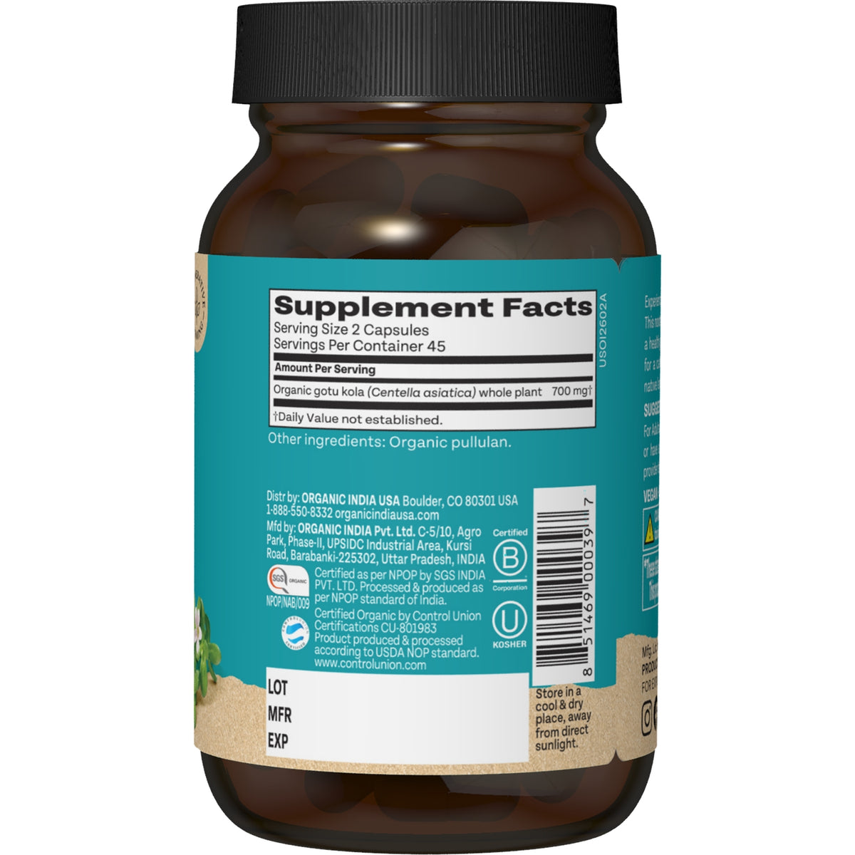 RGN032 | Back label of supplement bottle with Supplement Facts and certifications