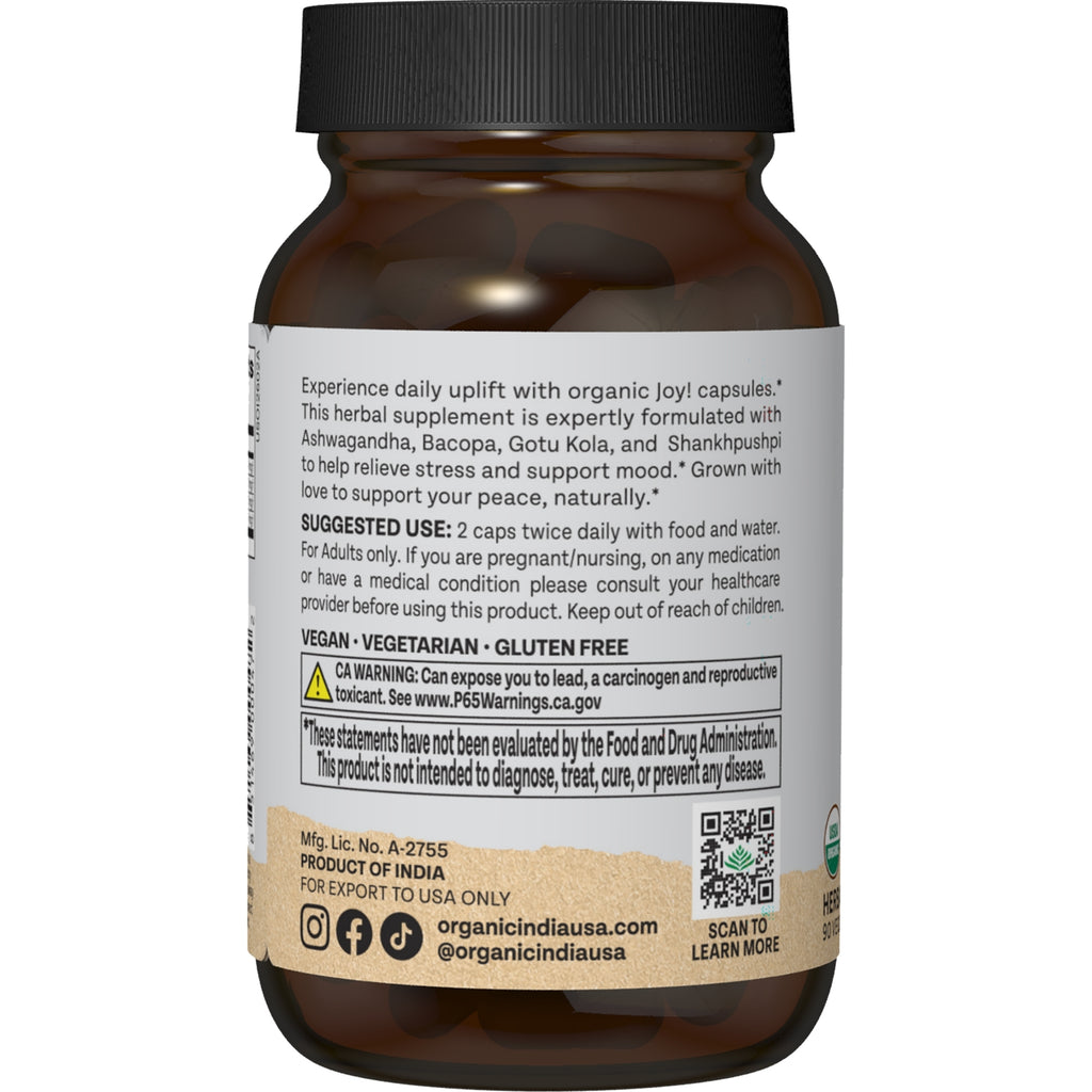 RGN043 | Back label for organic Joy! capsules with supplement facts, suggested use, warnings, and QR code - Thumbnail