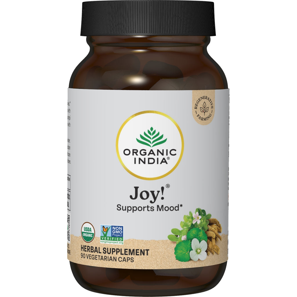 RGN043 | Brown jar labeled ORGANIC INDIA JOY! Elevates Mood herbal supplement with purple label - Thumbnail