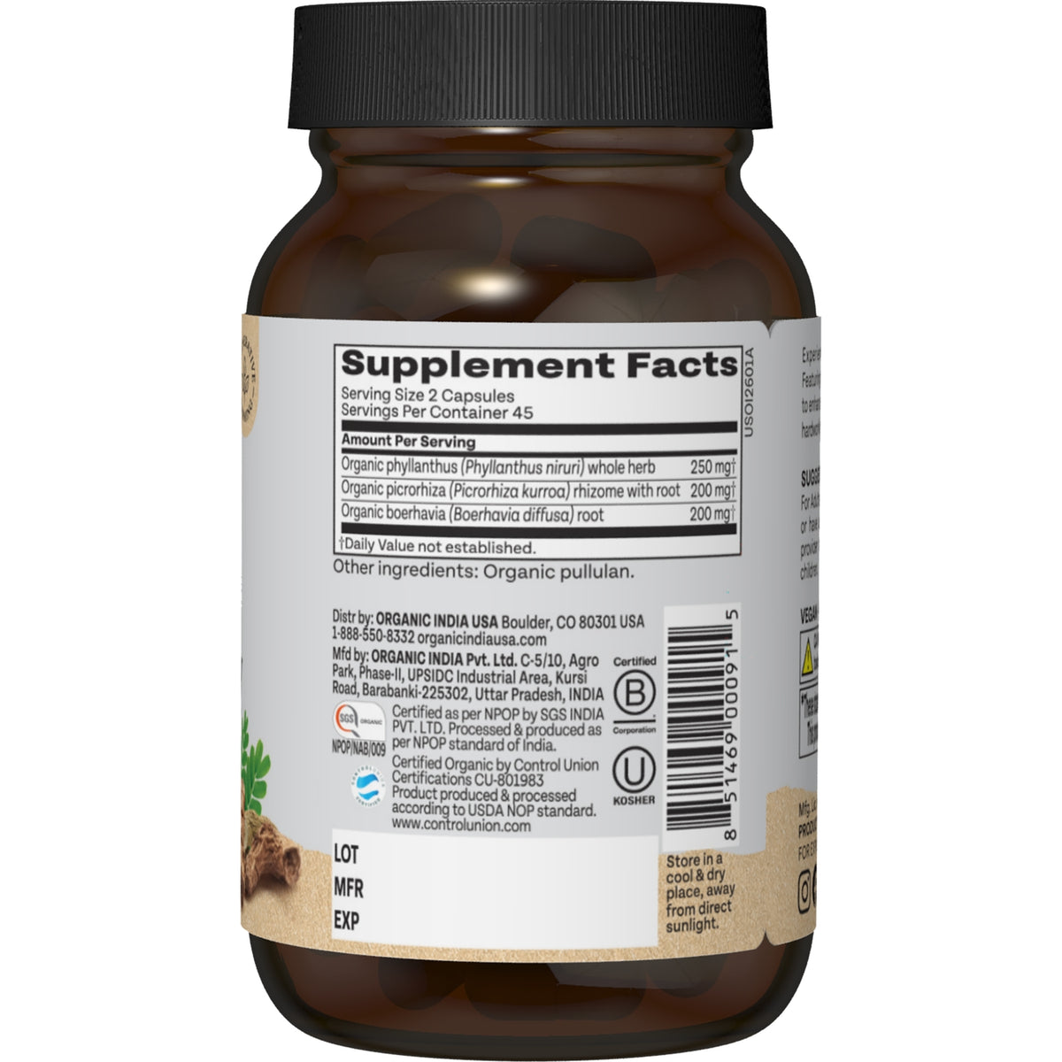 RGN045 | Supplement Facts label on amber capsule bottle