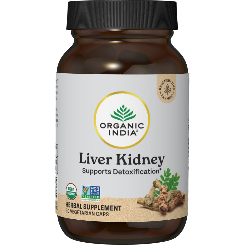 RGN045 | amber supplement jar labeled ORGANIC INDIA Liver Kidney Detoxify & Rejuvenate, 90 vegetarian capsules, USDA Organic - Thumbnail