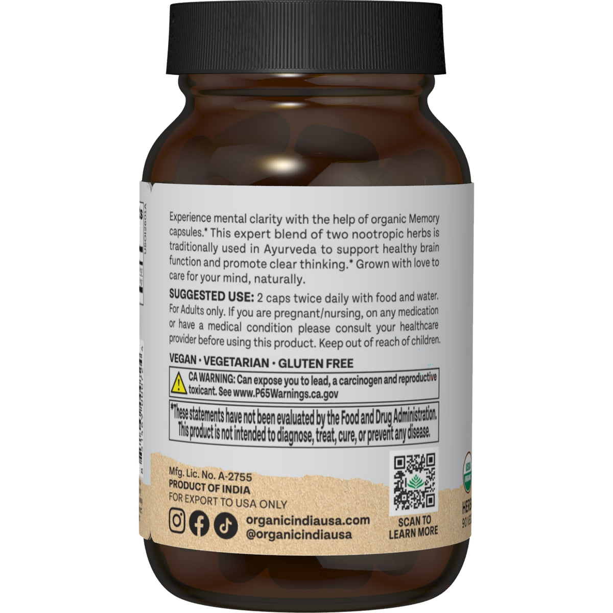 RGN046 | Back label of organic Memory capsules with suggested use, warnings, and QR code