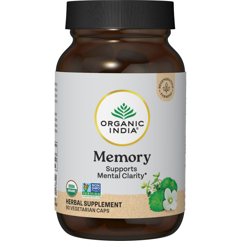 RGN046 | Organic India Memory herbal supplement bottle labeled Supports Mental Clarity, USDA Organic - Thumbnail