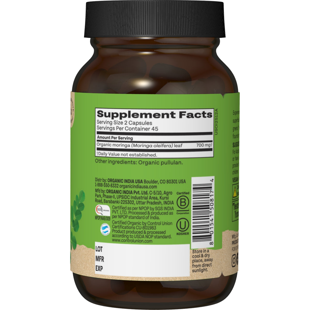 RGN059 | Back label of Organic India moringa capsules with supplement facts, ingredients, and certifications