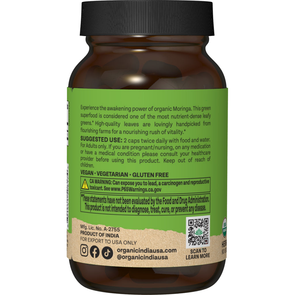 RGN059 | Back label of Organic India Moringa supplement bottle with usage directions and warnings - Thumbnail