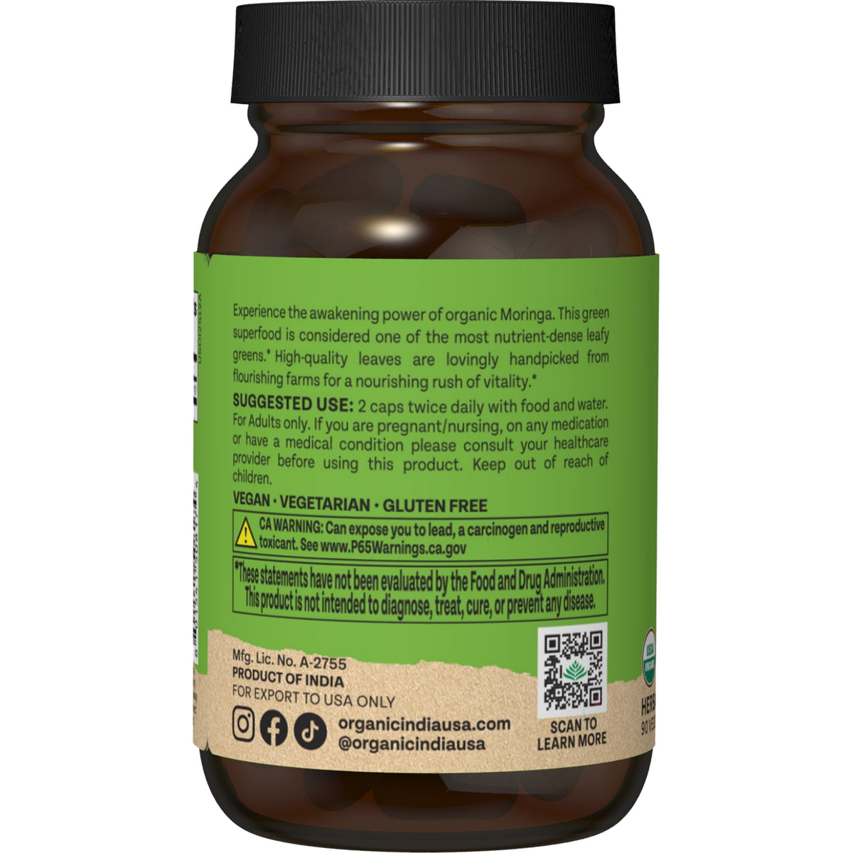 RGN059 | Back label of Organic India Moringa supplement bottle with usage directions and warnings