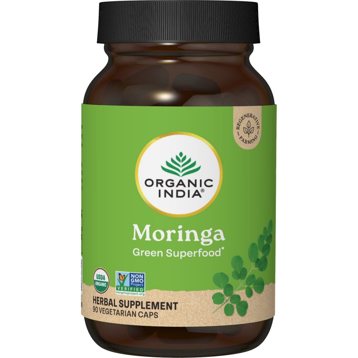 RGN059 | Organic India Moringa Green Superfood bottle, 90 vegetarian caps, front label with USDA Organic and Non GMO logos