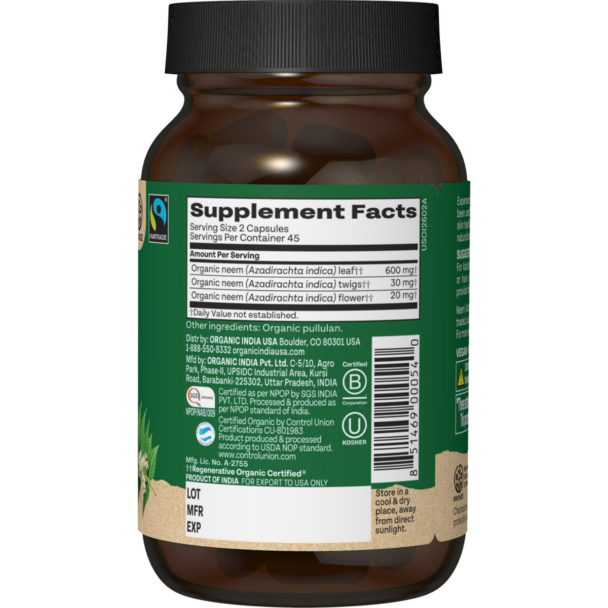 RGN037 | Back of supplement bottle showing Supplement Facts and organic neem capsules