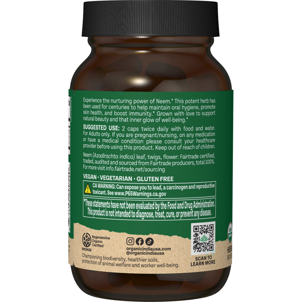 RGN037 | Back label of neem supplement bottle with suggested use, warnings, and certification details - Thumbnail