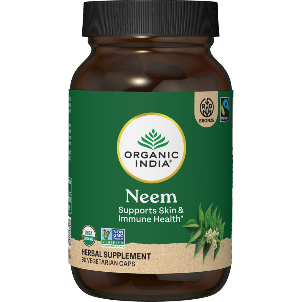 RGN037 | Organic India Neem herbal supplement bottle front label reading NEEM supports skin & immune health - Thumbnail